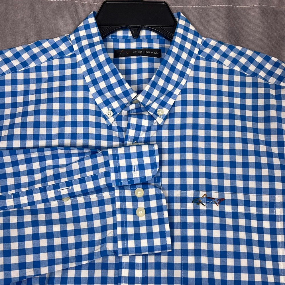 Greg Norman Button Down Shirt Mens L Teal Gingham Excellent Stretch Shark Logo - Picture 1 of 11